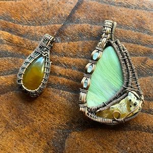 Two Handmade Copper Wire Wrapped Stone Pendants